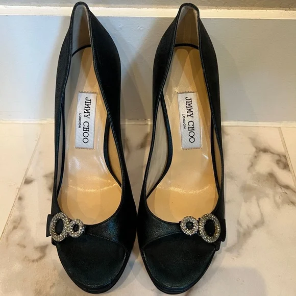 Jimmy Choo - Forest Green-Satin Open-Toed Pumps - Picture 1 of 7